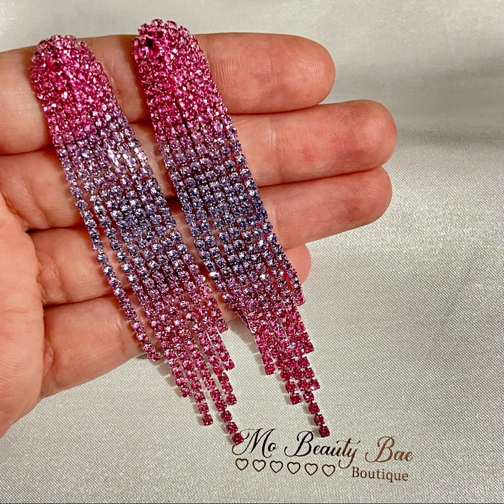 Pink Rhinestone Drop Earrings - Picture 4 of 6